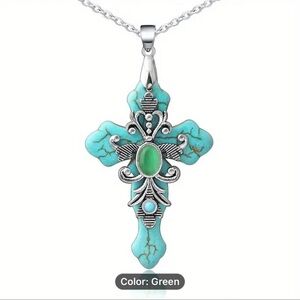 Turquoise and Silver Cross Pendant Necklace